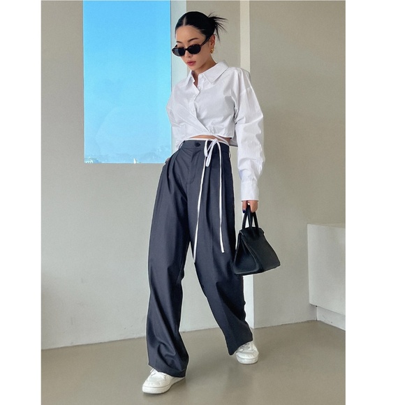 Cotton White Crop Button Up Down Was it Ties Long Sleeve Collared Shirt - Picture 3 of 10